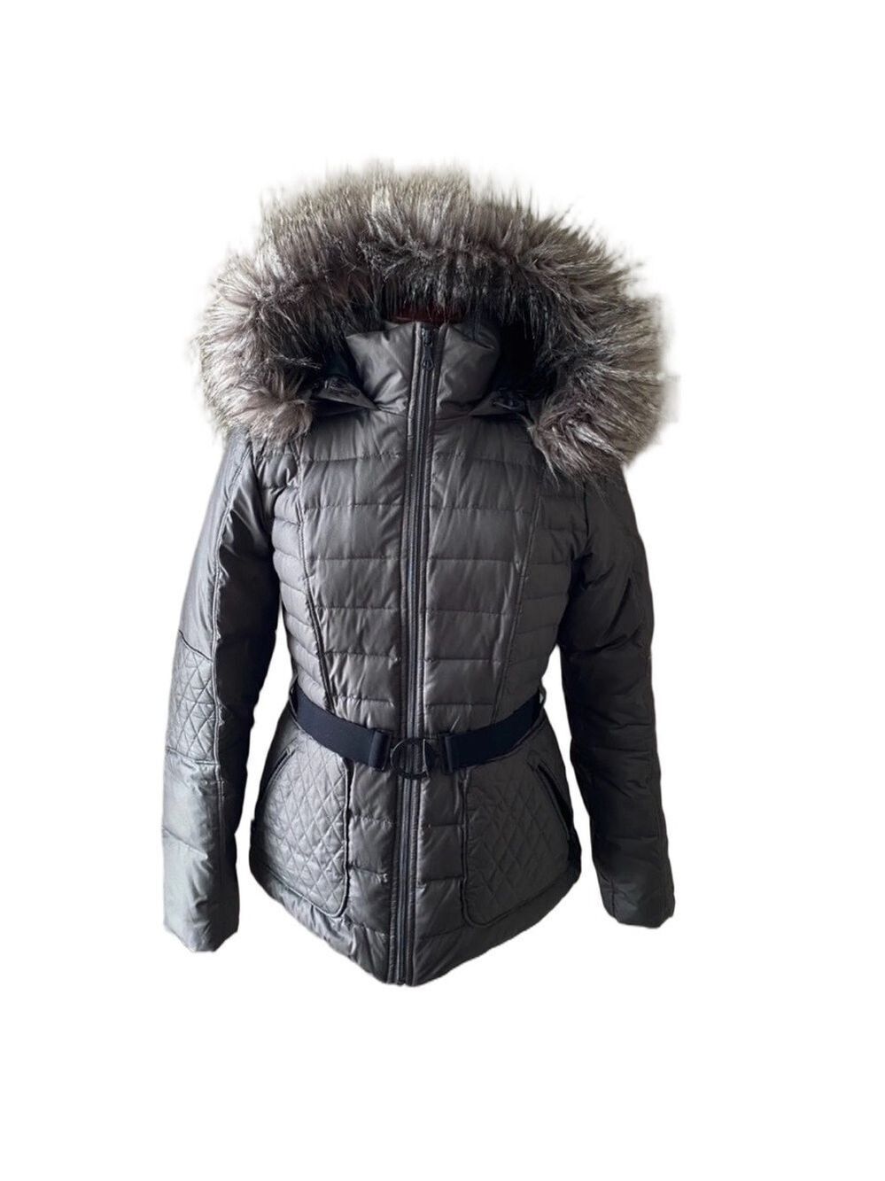 The NORTH FACE 600 Goose Down Belted Fur Hooded Full Zip Grey Jacket Womens M